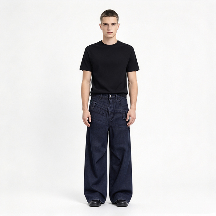 Dark Indigo Asymmetric Multi-Pocket Wide Leg Cargo Jeans, Unisex Diagonal Strap Panel Streetwear Baggy Denim Trousers