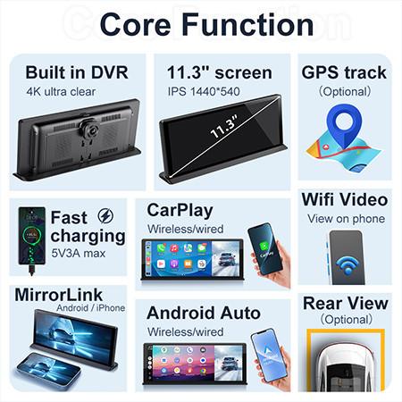 新品 11.3インチ UHD 4K WIFI ダッシュカメラ 無線カープレイ アンドロイド オートバックビュー カーDVR GPS ナイトビジョンビデオレコーダー ブラックボックス