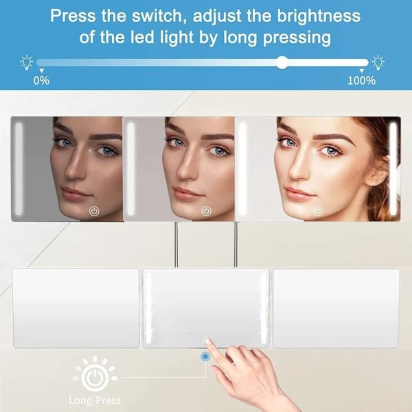 360 Degree Mirror with LED 3-Way Mirror Hair Self Cutting 3 Sides Folding Makeup Mirror with light(WH-MR-86)
