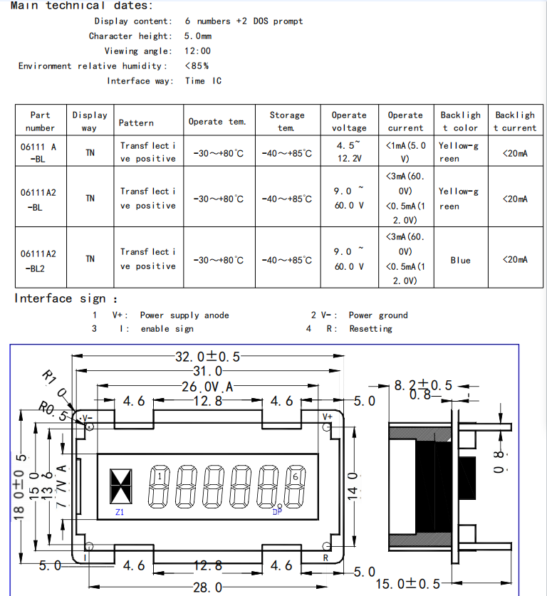 703pr-102 6 digit tn reflective 7 segment timer hour meter counter hourmeter lcd display 06111A2-BL SMS06111A2-BL