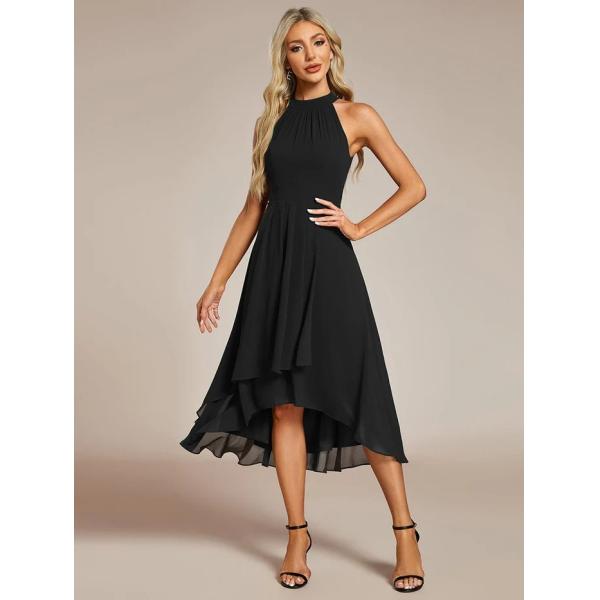 A Line Sleeveless Halter Neck Wedding Guest Dress Burgundy Chiffon Graduation Dresses