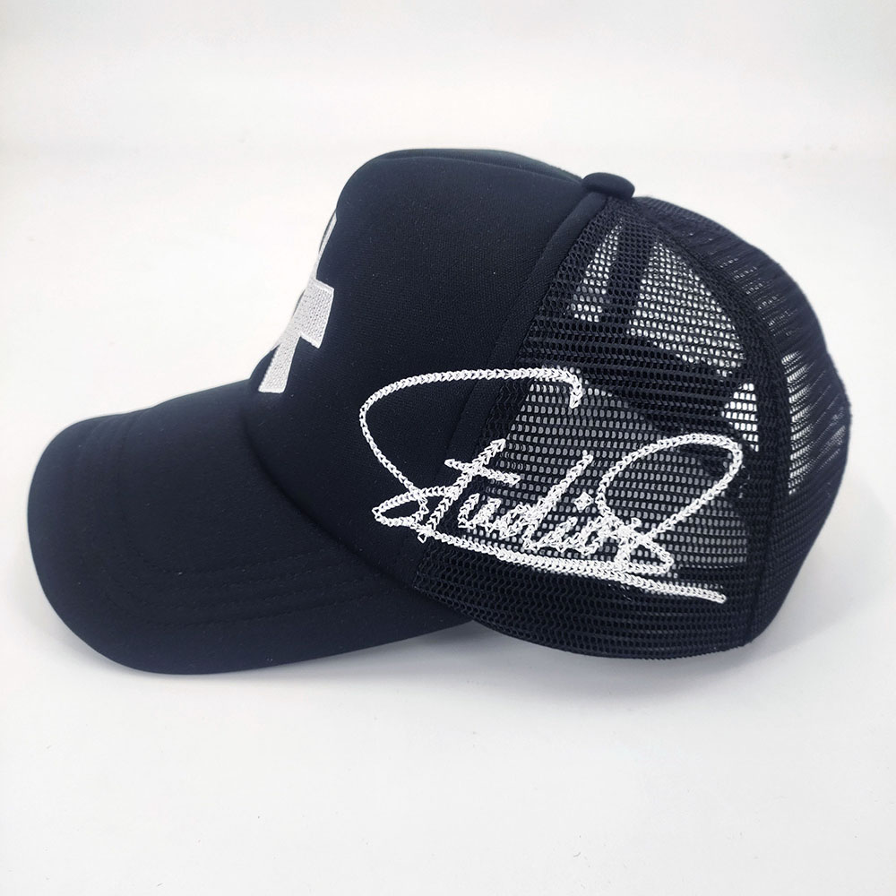 Loose Full Foam Mesh Custom Embroidery Trucker Hats Black Embroidered White Thread