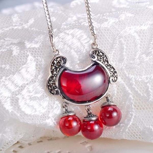 Vintage Sterling Silver Marcasite Red Agate Pendant Necklace Luck Kids Jewelry(N11063)