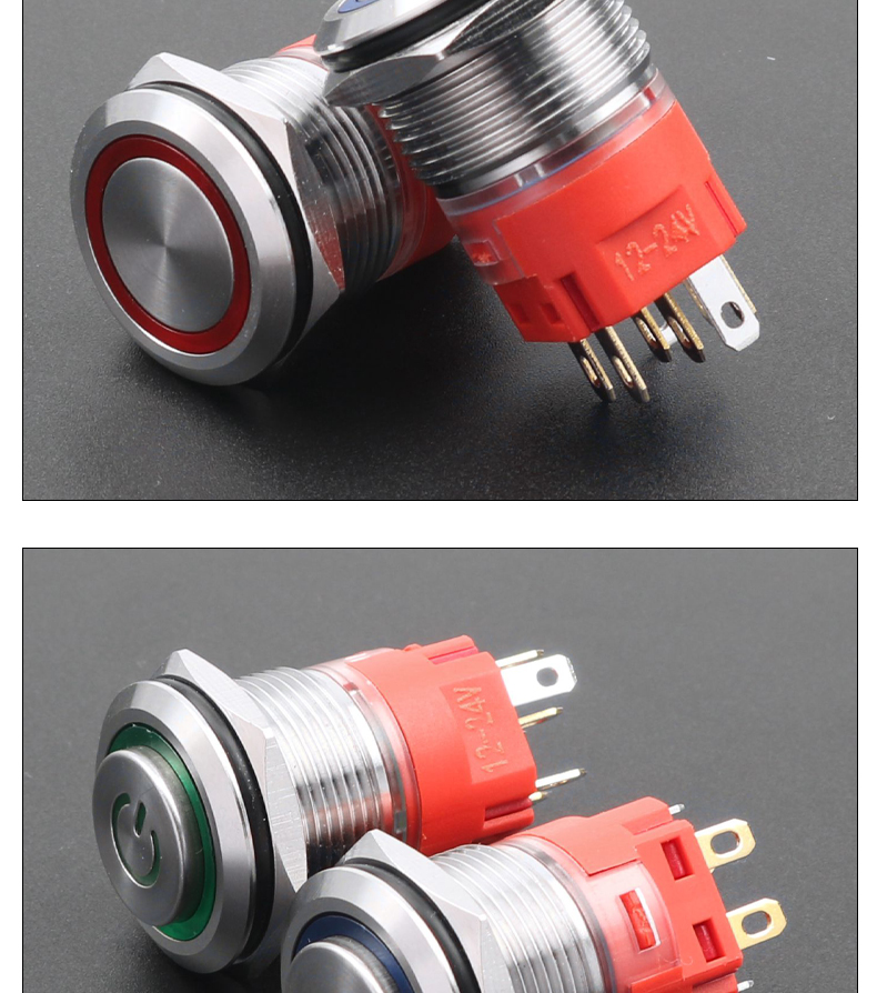 19MM Metal Push Button Switch With LED 2NO2NC Momentary Latching IP67 Stainless Steel 8 Pins Flat Head