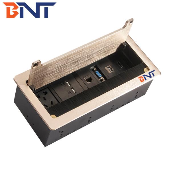 Conference table flip open brush socket with power data connectors