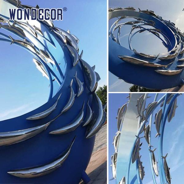 Большое открытое металлическое искусство абстрактное морское животное плавание рыба школа скульптура из нержавеющей стали