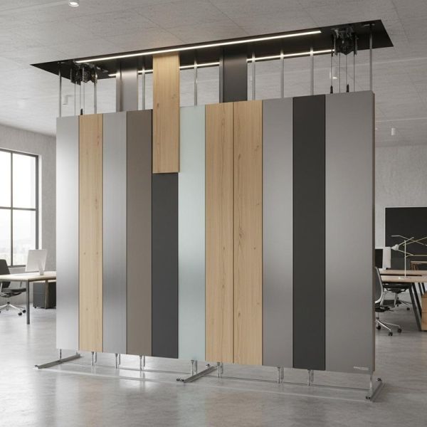 Integrated Floor And Ceiling Locks Vertical Lifting Partition Wall In Multiple Colors And Finishes Designed For Space Division