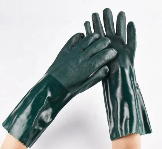 Sandy finished surface 35cm flock cotton lined Dark green waterproof chemcial resistant anti slip Pvc dipped safety work gloves