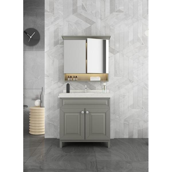 Vanité de salle de bains en acier inoxydable gris avec élégante armoire miroir et porte en forme