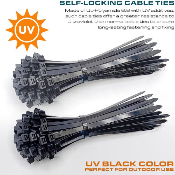 UV Resistant Black Polyamide 6.6 Cable Tie Plastic Zip Tie 200mm x 4.8 (22kgs, 50lbs) for high UV Environments