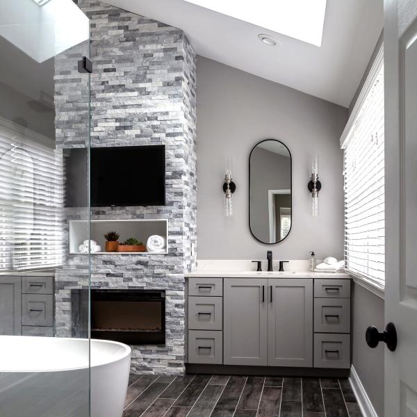 Luxury Neutral Grey Shaker Style Lacquer Bathroom Vanity Units Combo With 2 Doors 6 Drawers