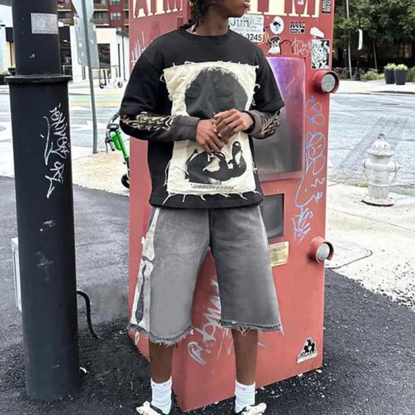 Applique Embroidery Screen Printed Boxy Long Sleeve T Shirt 250grams