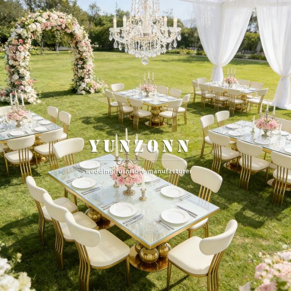 Modern Luxury Design Golden Wedding Table Mirror Glass Top Stainless Steel Restaurant & Hotel Banquet Dining Furniture
