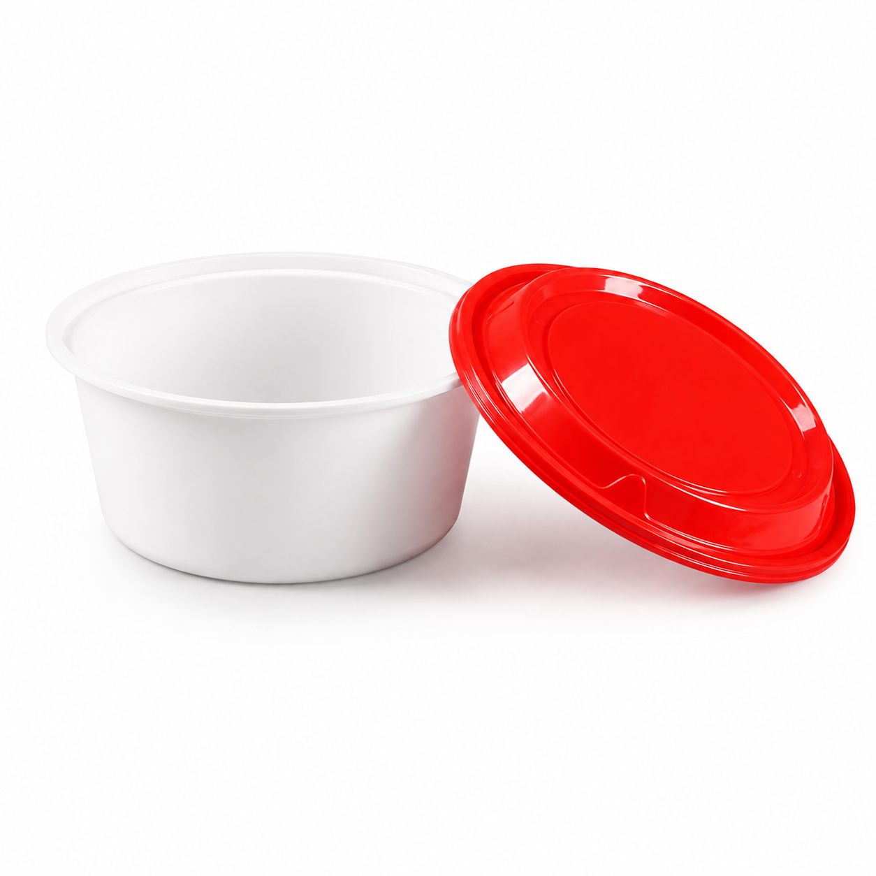 Family Takeaway PP Disposable Soup Bowls White Round 1258ml with Red Lids