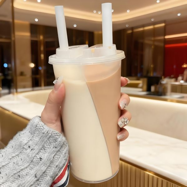 Popular Twin Share Split 16oz 2 Compartment Plastic PP Split Boba Cups