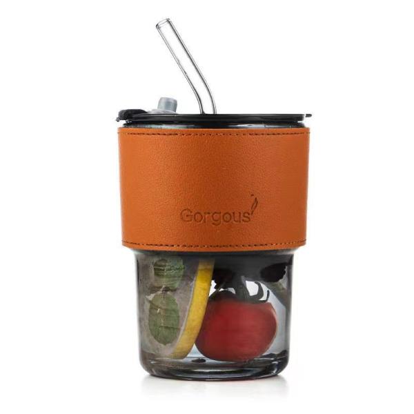 Copo de vidro de tumbo selado de 450 ml com palha e tampa para facilitar o transporte da bebida de café