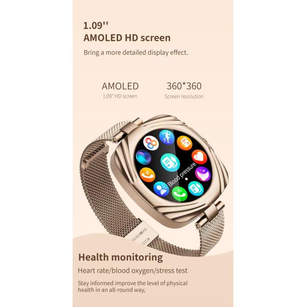 AW5 Women's Fashion Smart Watch 1.09 Inch AMOLED Square BT Call Female Health