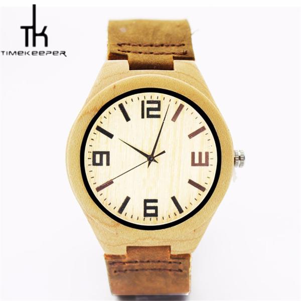 Leather Strap Bamboo Wood Watches Multiple Time Zone With Your Logo