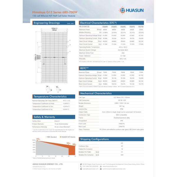 680W Huasun Solar Panels 685W 695W 700W 132 Cells Bifacial Solar Panels On Roof