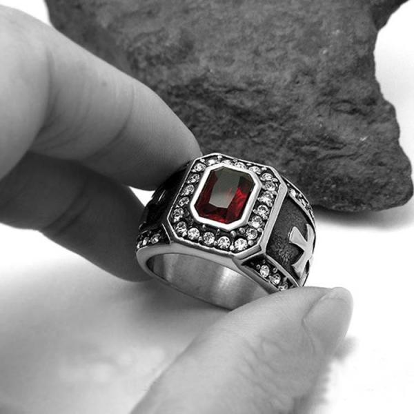 Vintage Inlay Mens Gothic Stainless Steel Band Ring with RED Cubic Zircon (SA566RED)