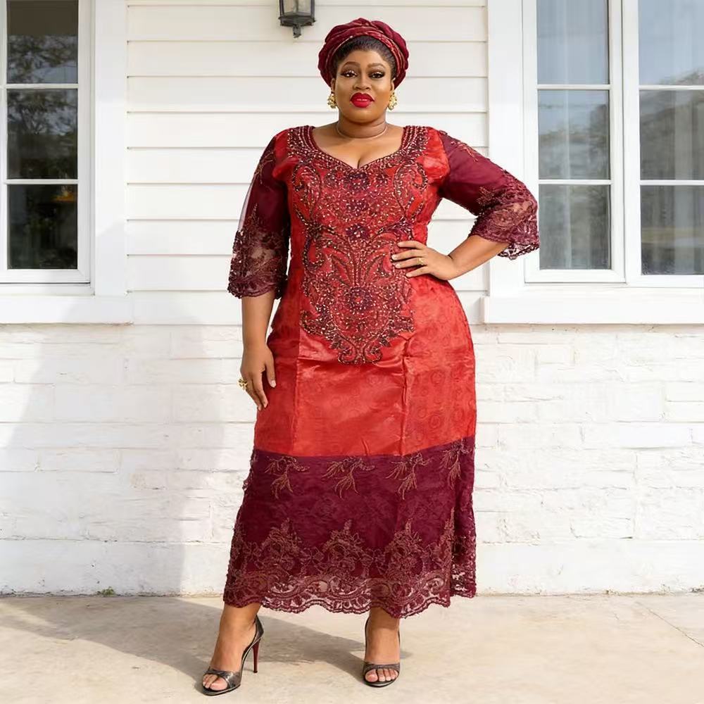 Women’s African Traditional Dress with V-Neck Gold Embroidered Long Sleeve for Ceremonies
