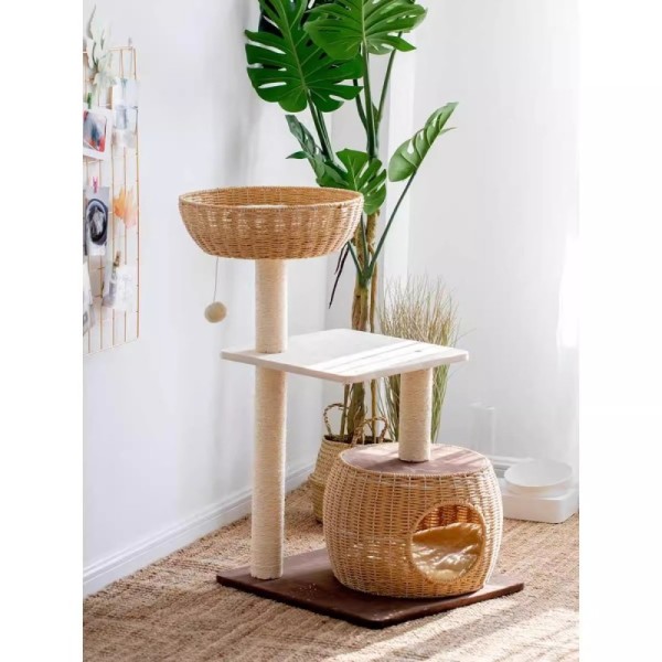 Rattan Modern Cat Tree with Nest Kennel and Scratching Post Four Seasons Universal Carton Packed Halloween/Christmas Decor