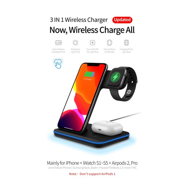 Mobile 10w Qi Multifunctional Wireless Charger 3 In 1 Short Circuit Protect