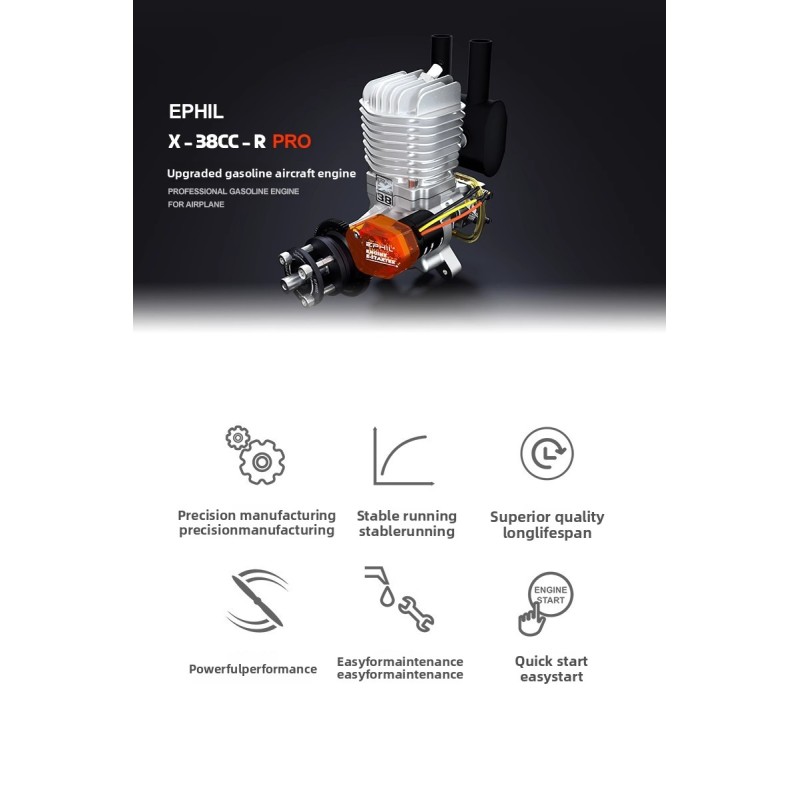X-38Cc-R Pro Model Single Cylinder Two-Stroke Aircraft Engine Gasoline with Electric Start Rear Fixed Wing-Metal Material