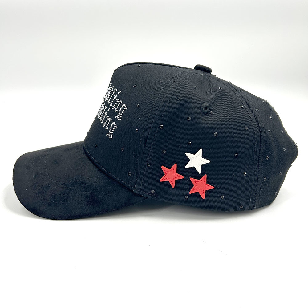 Suede Baseball Hat Satin Lined Embroidered Cotton 5 Panel Brim Rhinestone And Leather Stars