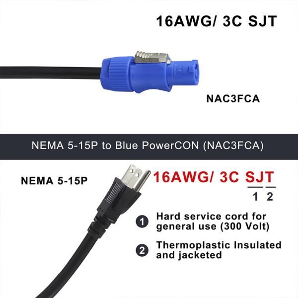 10A/15A Cabo de alimentação americano AC 14AWG NEMA5-15P para PowerCon NAC3FCA para ecrã LED