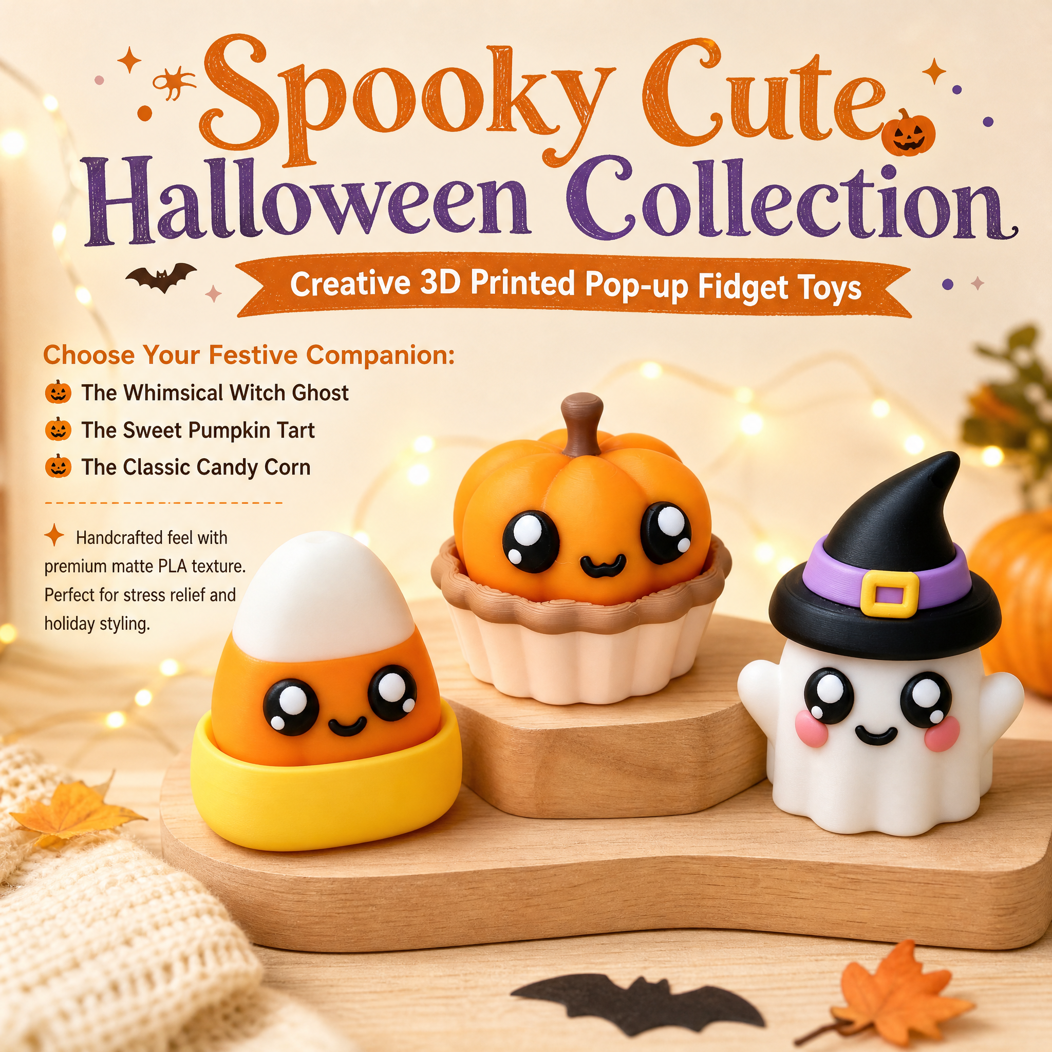 Cute Cartoon Ghost Pumpkin Candy Corn 3D Printed Holiday Decoration with Fidget Pop Function