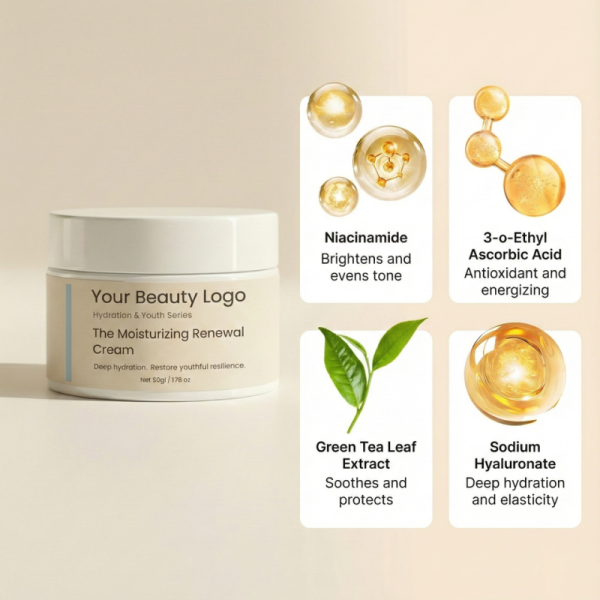 OEM ODM brand customized facial care moisturizing and revitalizing cream, containing niacinamide, hyaluronic acid, and collagen, suitable for all skin types