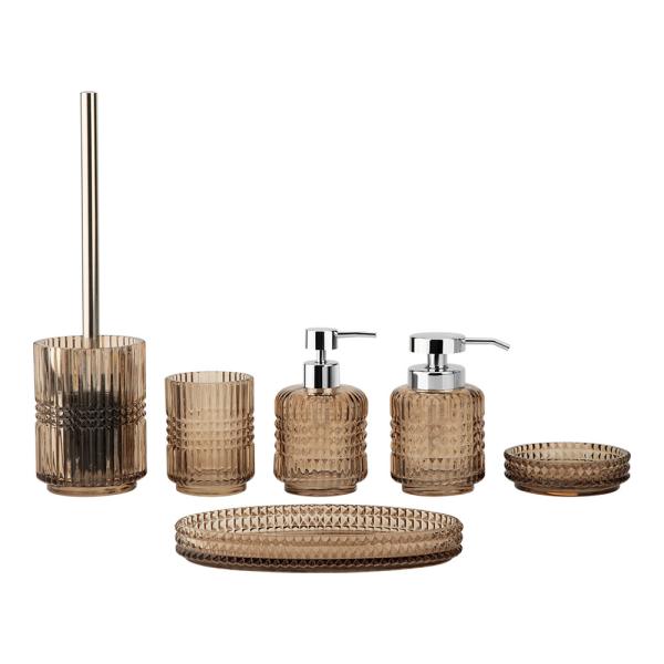 Chili And Brown Glass Bathroom Accessories Round Shape With Diamond Checker Glass Soap Dispenser Soap Dispenser Tray Bathroom Countertop Accessories