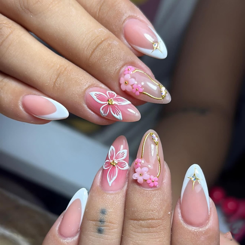 Long Almond Gilded ABS 3D Press On Nails With Flowers Design