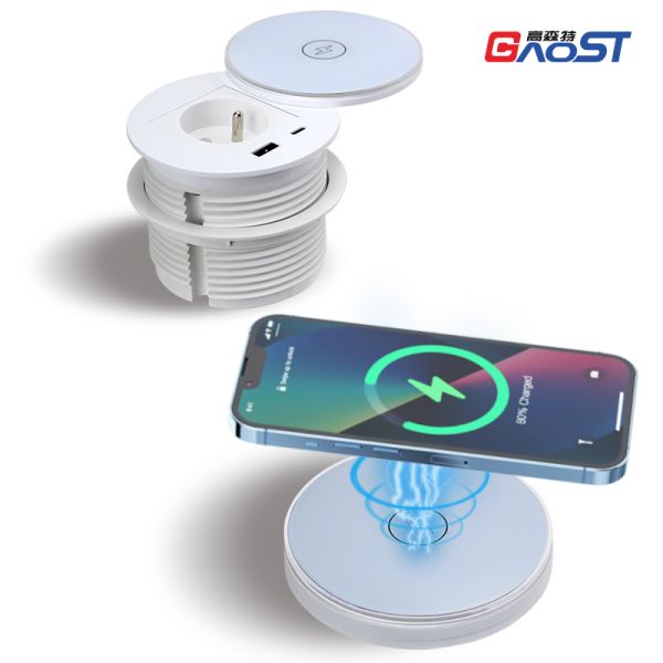 15W Wireless Charging Desk Power Grommet with Type E AC Outlet and 30W USB-C PD