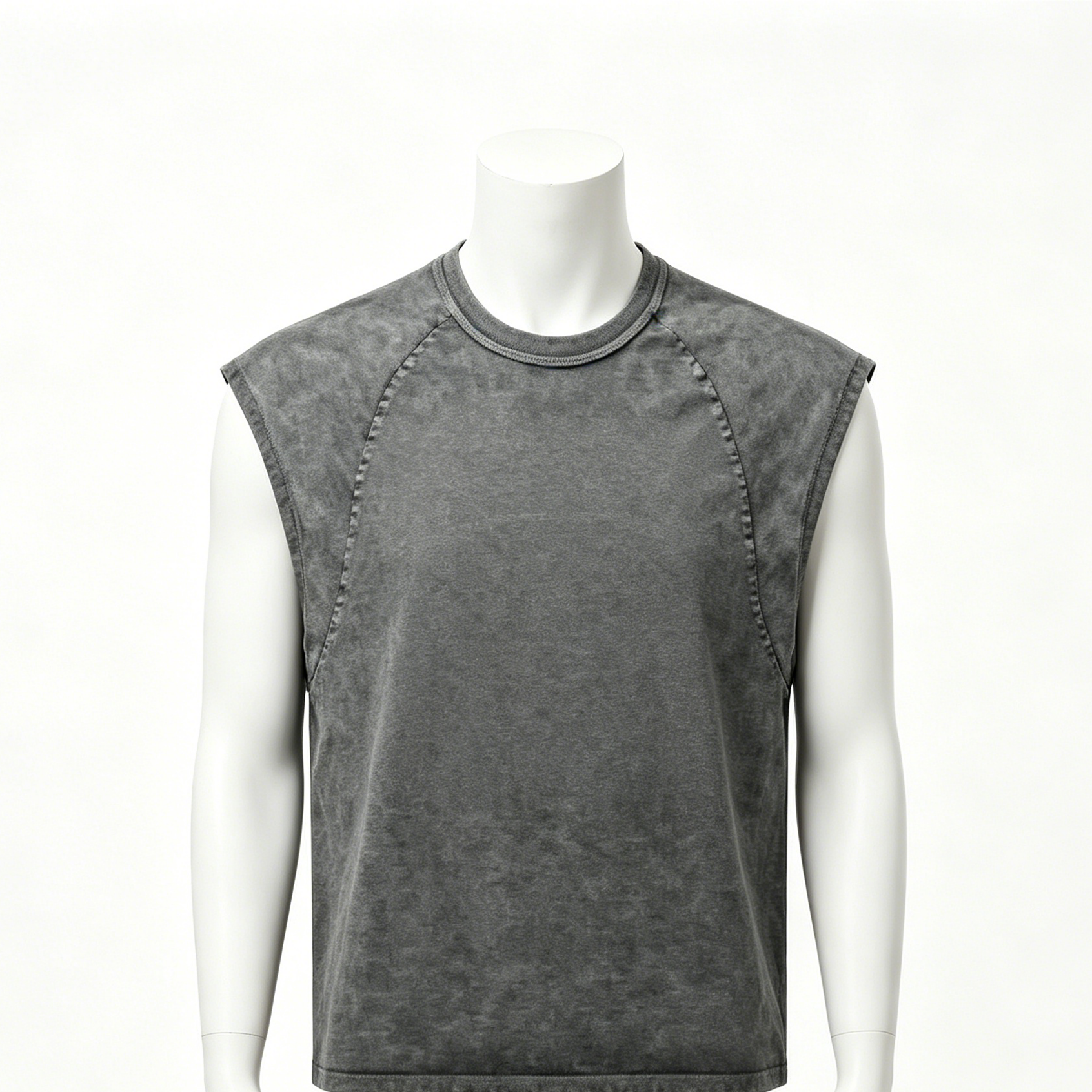 Crew Neck Mens Sleeveless Tank Top Dark Green / Silver Grey 100% Cotton Vest Vintage Washed