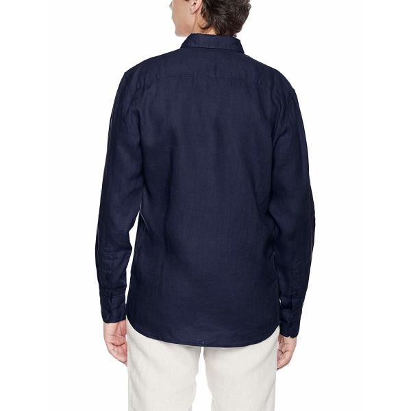 Blue Curved Hem Business Casual Linen Shirt Long Sleeve Collared Shirt