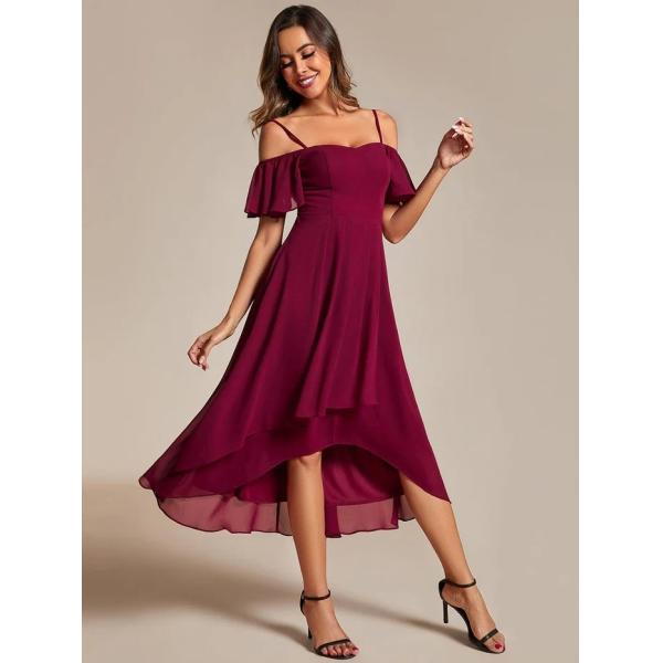 Empire Off-shoulder Spaghetti Strap Zipper High-low Wedding Guest Dresses Short Sleeves Pink Chiffon Bridesmaid Dress