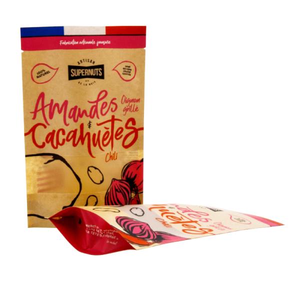 Bolsas de papel kraft reciclables y biodegradables para envasado de alimentos con ventanas transparentes y patrones de impresión personalizables.