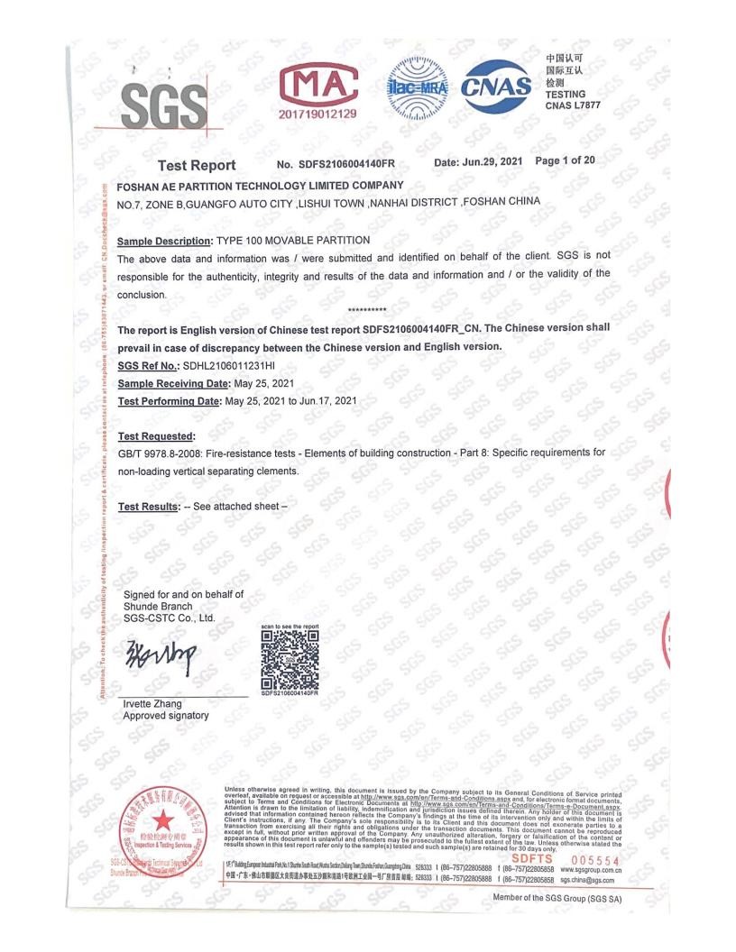 FOSHAN AE PARTITION TECHNOLOGY LIMITED COMPANY Certifications