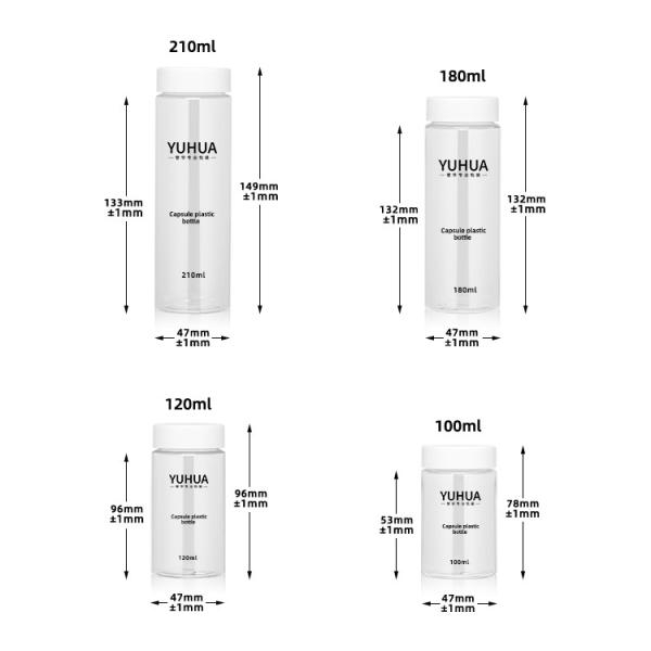Bouteille en plastique cylindrique claire avec le chapeau blanc 210ml 120ml