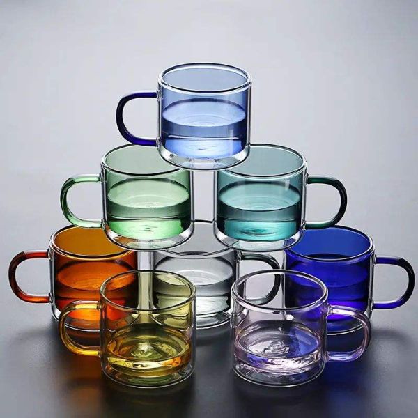 250ML Capacity Double Wall Glass Mug With Handle Coffee Cups Double Layer Reusable