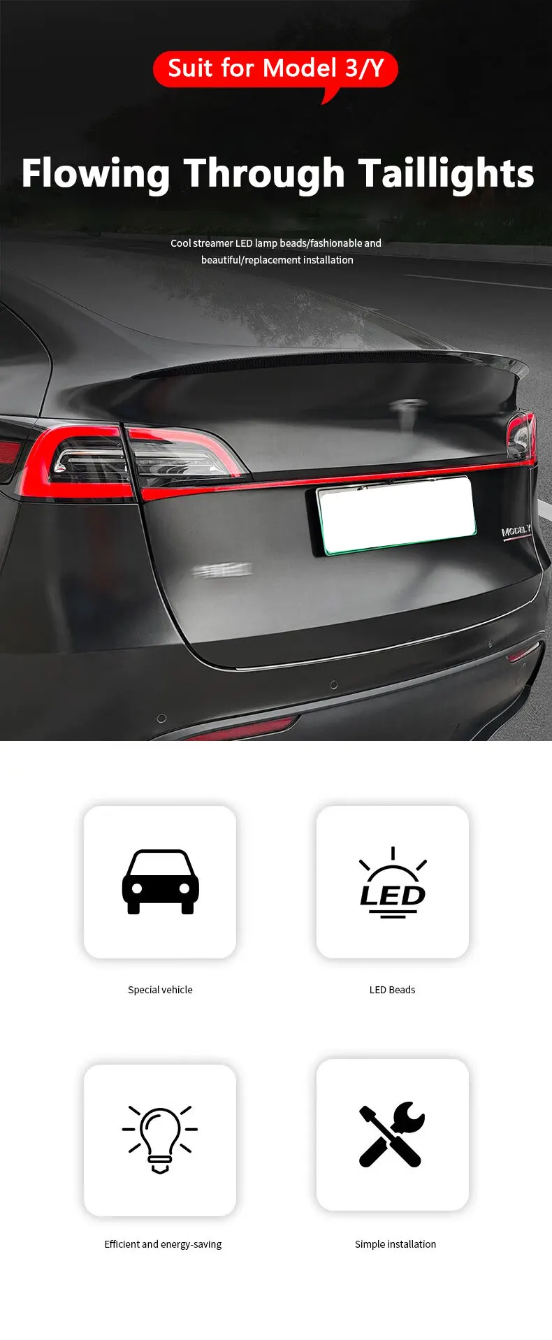 Para el Tesla Model Y 3 a través de la luz trasera Dinámica de la luz trasera de la franja de actualización y modificación Decoración M3 Y