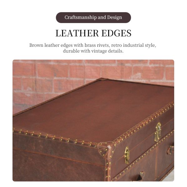Nidea #8623 American-Style Retro Box-Shaped Handmade Leather Trunk Table for Living Room Home Bars Hotels  Lounges
