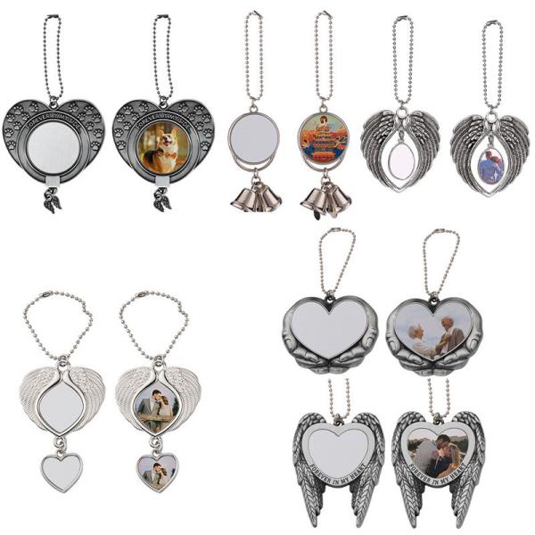 Love Memorial Pendant Heart Shape Angel Wings Metal Pendant Hanger Sublimation Car Ornament Blanks For Custom Printing