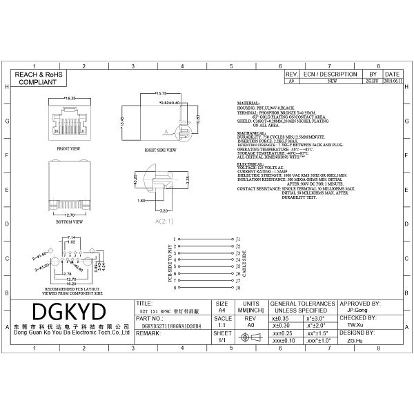 RJ45 vertical connector without light strip shielding 6U flat pin interface DGKYD52T1188GWA1D20B4