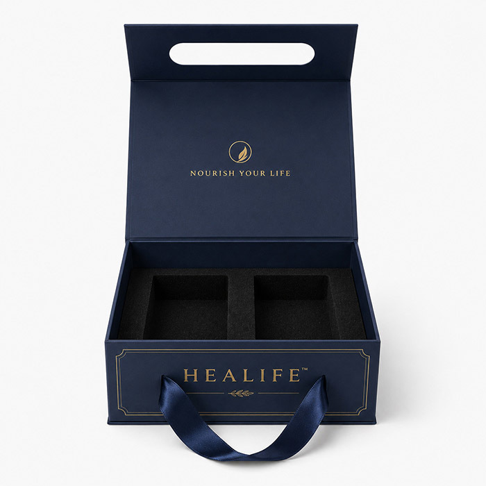 Rigid Custom Gift Boxes with Ribbon Handle Gold Foil Stamping Brand Presentation Packaging