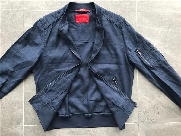 Navy Linen Jacket Short Trench Coat Men With Rib Collar And Gunmetal Zip