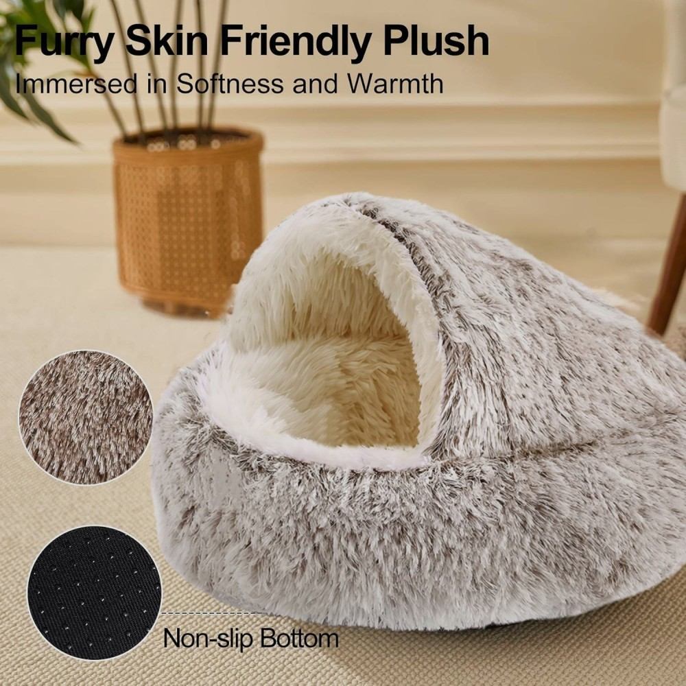 Plush Hooded Cat Bed With Removable Washable Cover And Non Slip Bottom For Indoor Pets