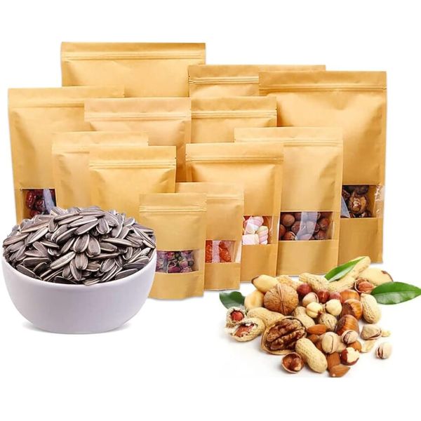 Wholesale Customized Brown Eco-friendly Sealed Transparent Food Packaging Bags Sealing Kraft Paper Bags